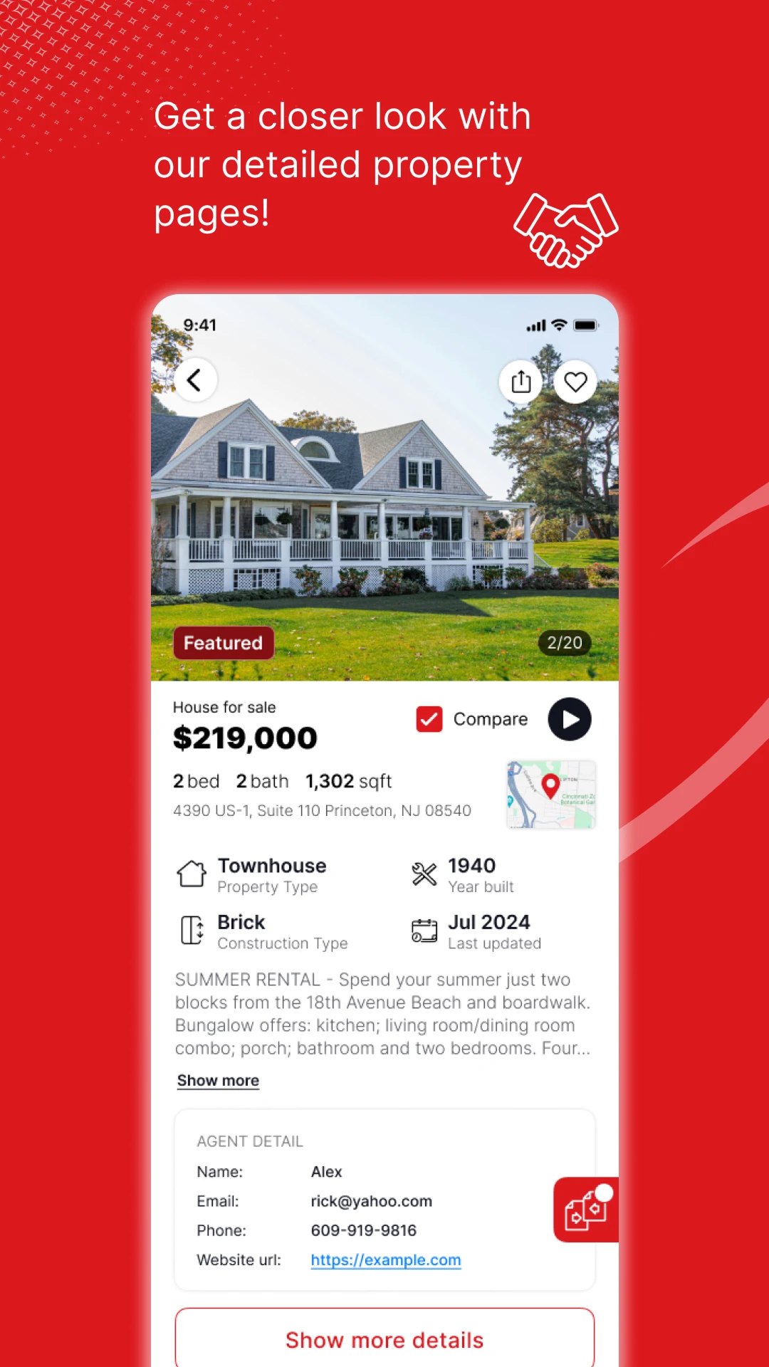 Property detail page for a house for sale with price, beds, baths, square footage, property facts and agent contact details