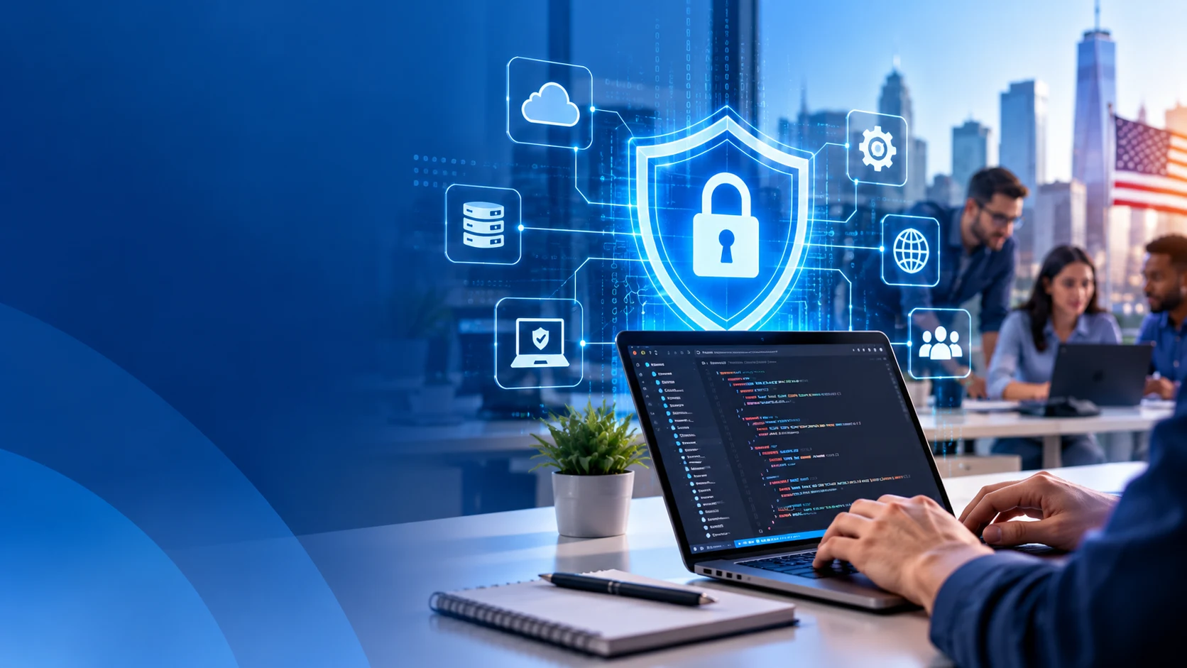 Software team collaborating on cybersecurity in a modern office