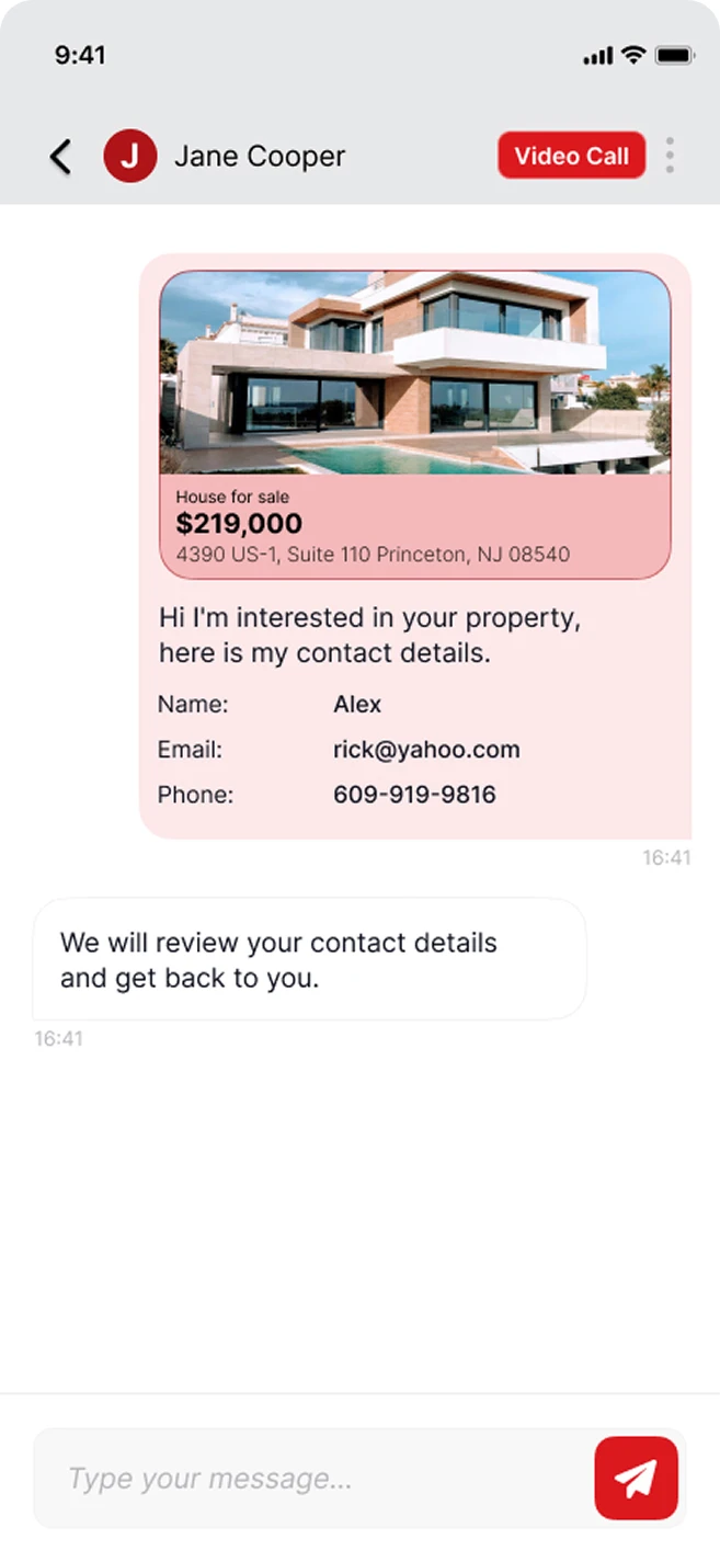 In-app chat with an agent showing a property inquiry card, the user's contact details and a video call button