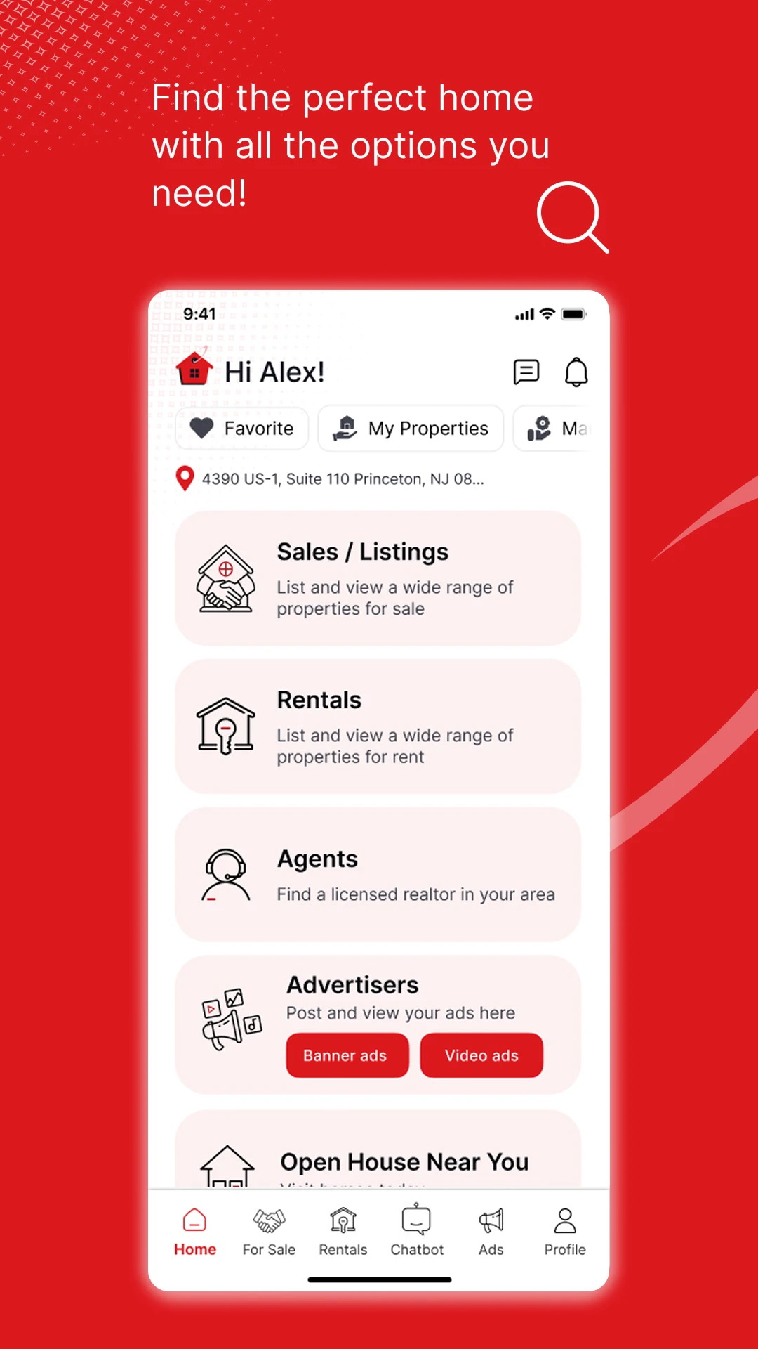 Sooldd home screen greeting the user, with shortcuts for sales listings, rentals, agents and advertisers