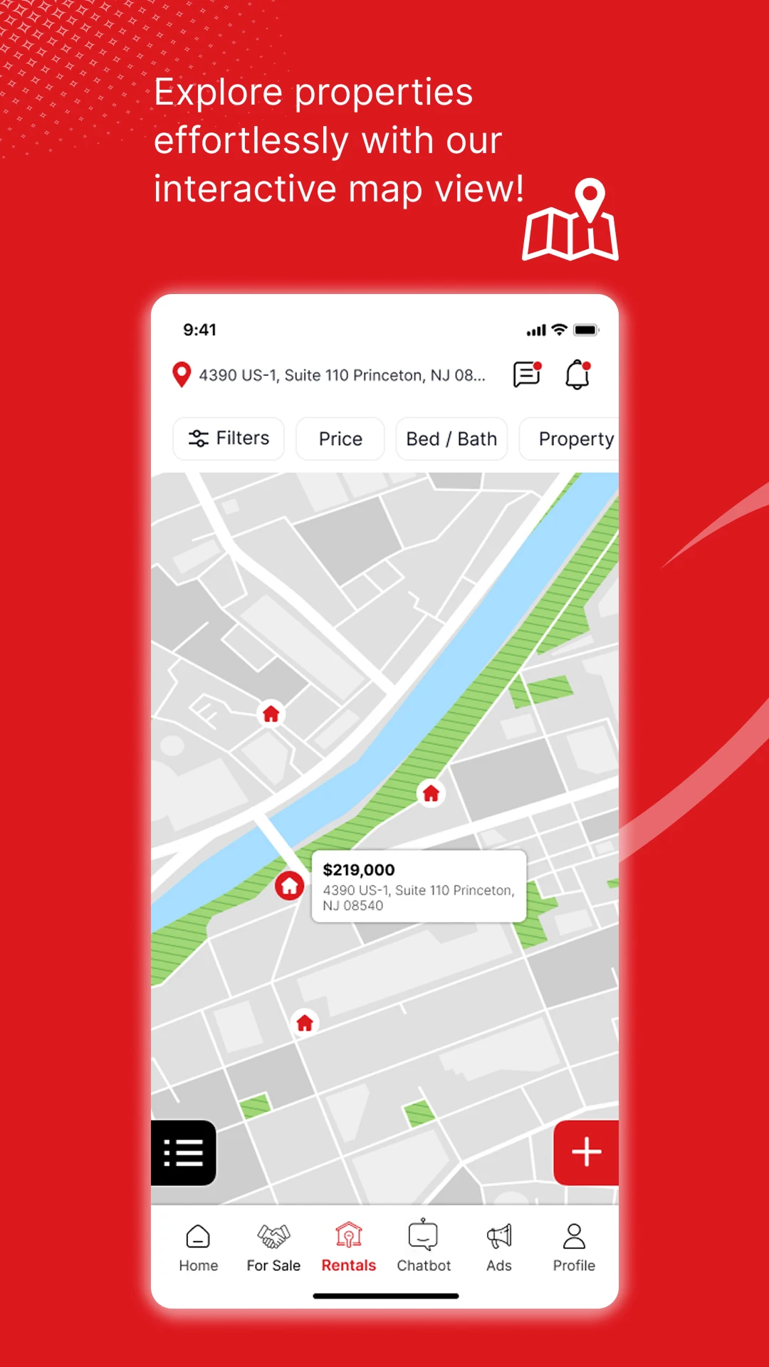 Interactive map view with property pins and a price and address callout for a selected home