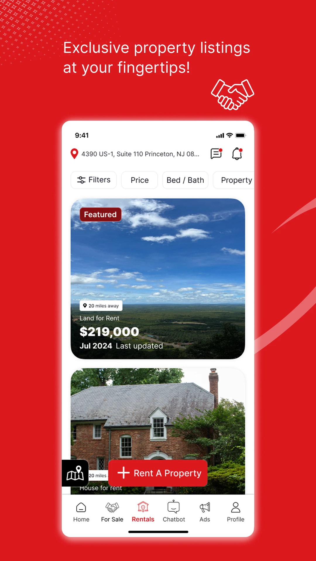 Rental listings screen with price, bed and bath and property type filters above featured property cards