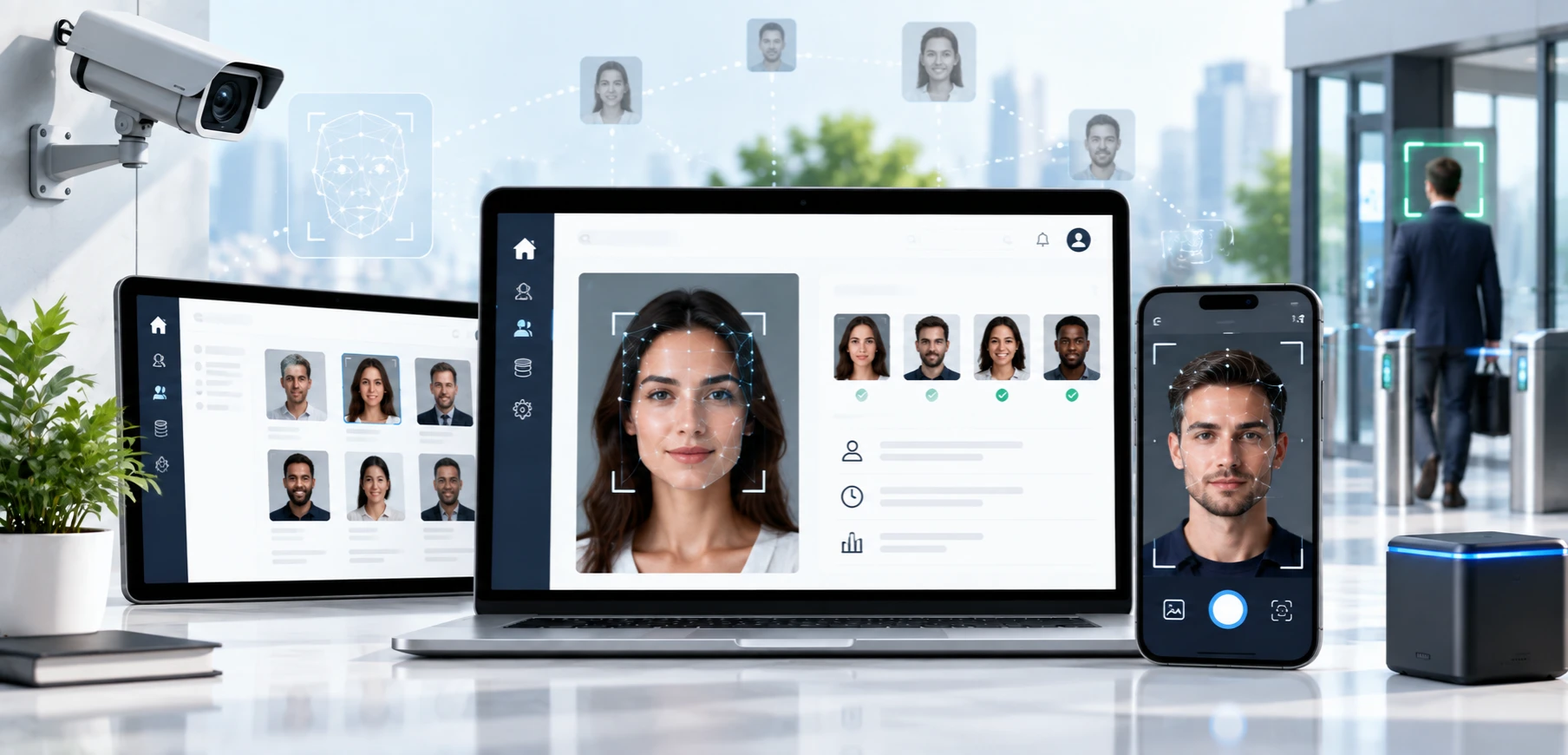 Face recognition app screen showing a guided selfie capture, a liveness check, and a consent notice