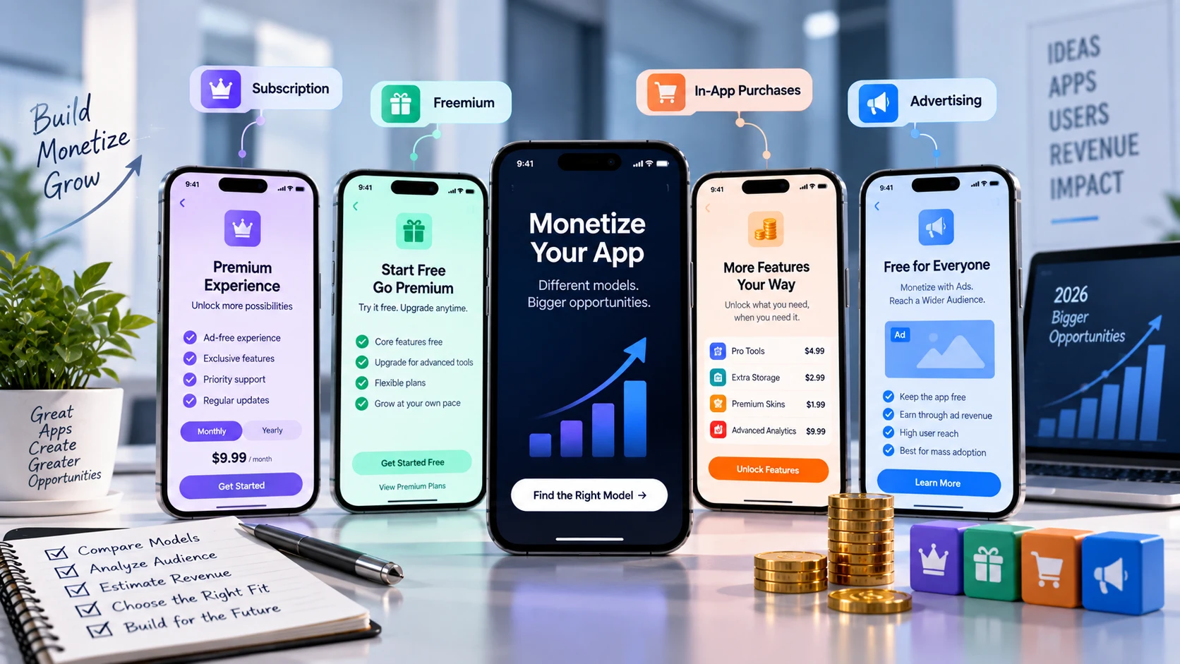 App monetization models compared: subscription, freemium, in-app purchases and advertising