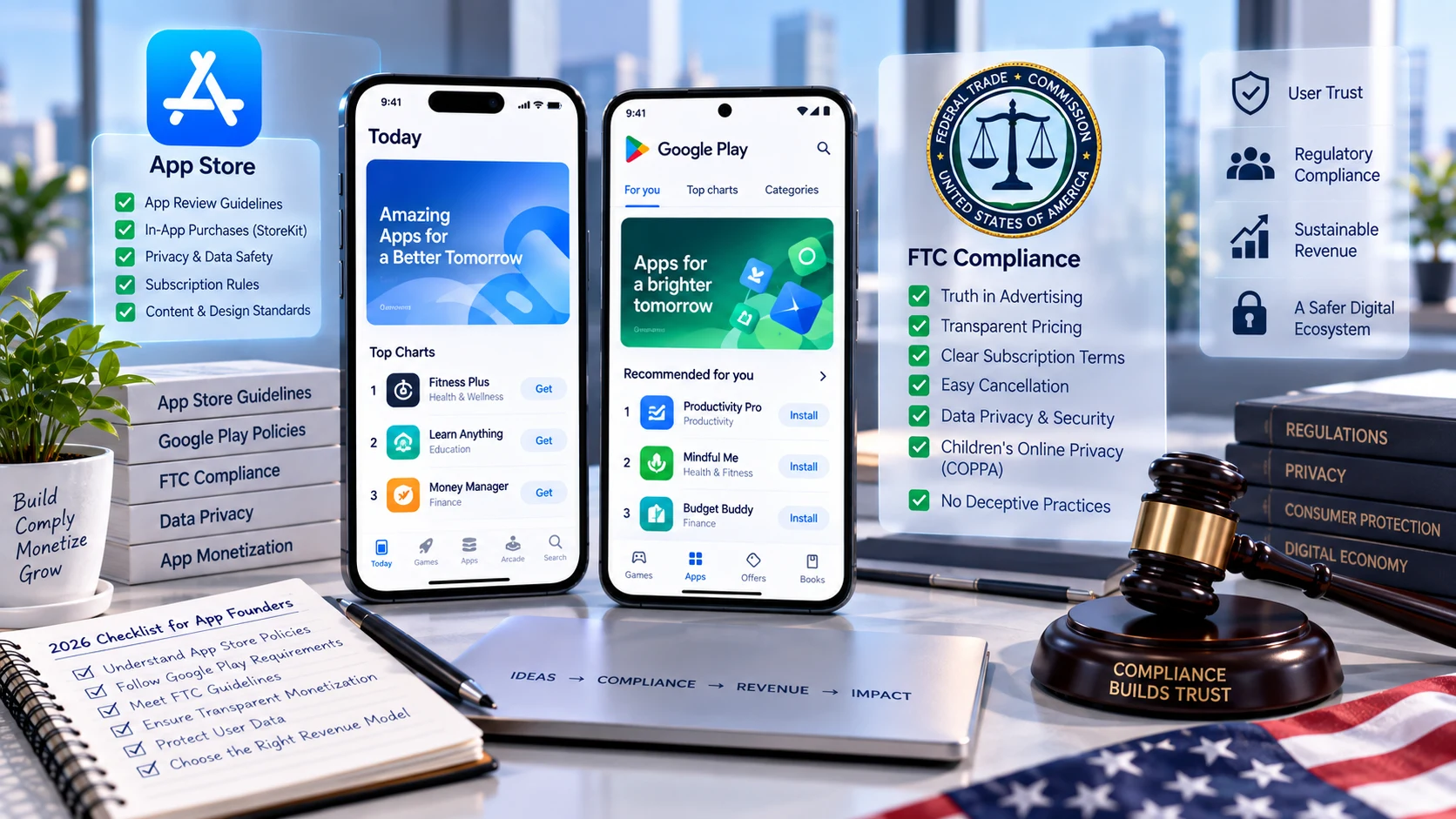 App Store, Google Play and FTC compliance requirements for US app monetization