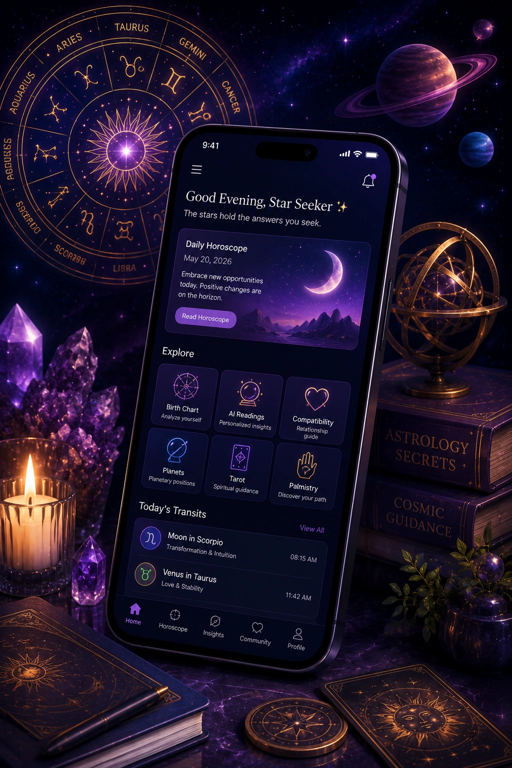 Astrology app interface on a smartphone showing a birth chart and daily horoscope reading