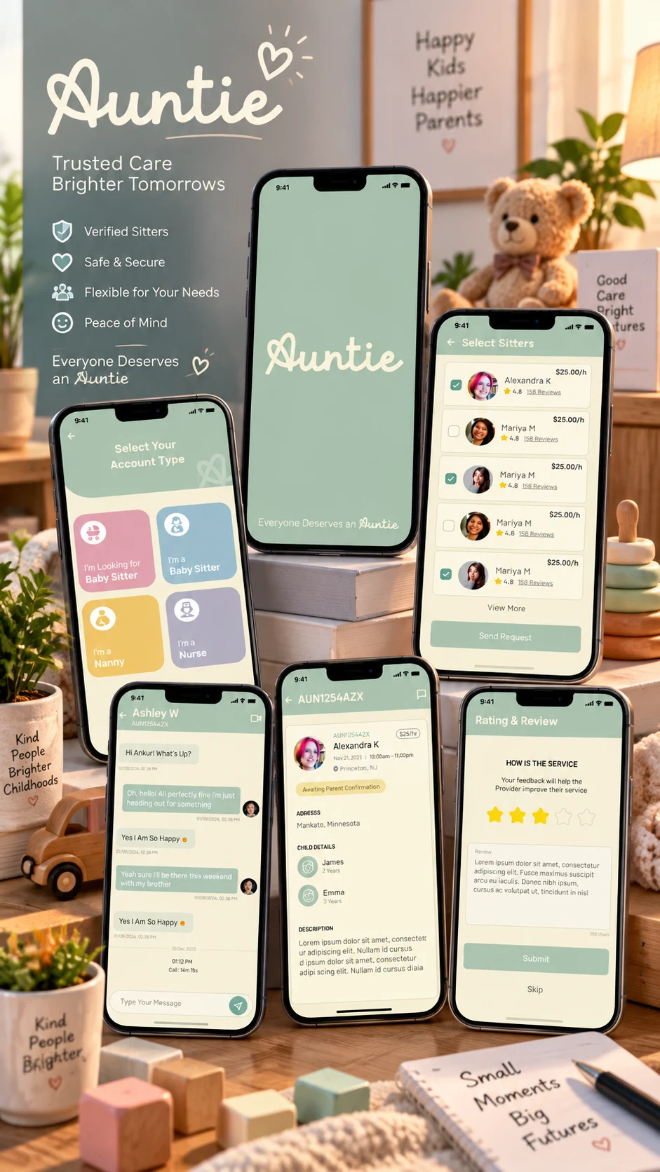 Auntie mobile app booking screen showing a confirmed session and live provider status