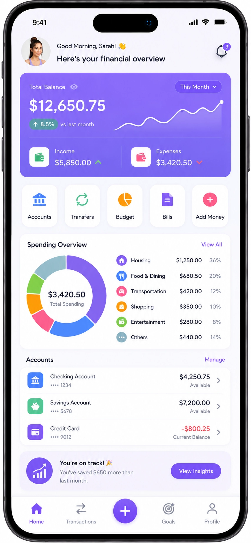 Personal budgeting app interface on a smartphone showing spending and net worth tracking