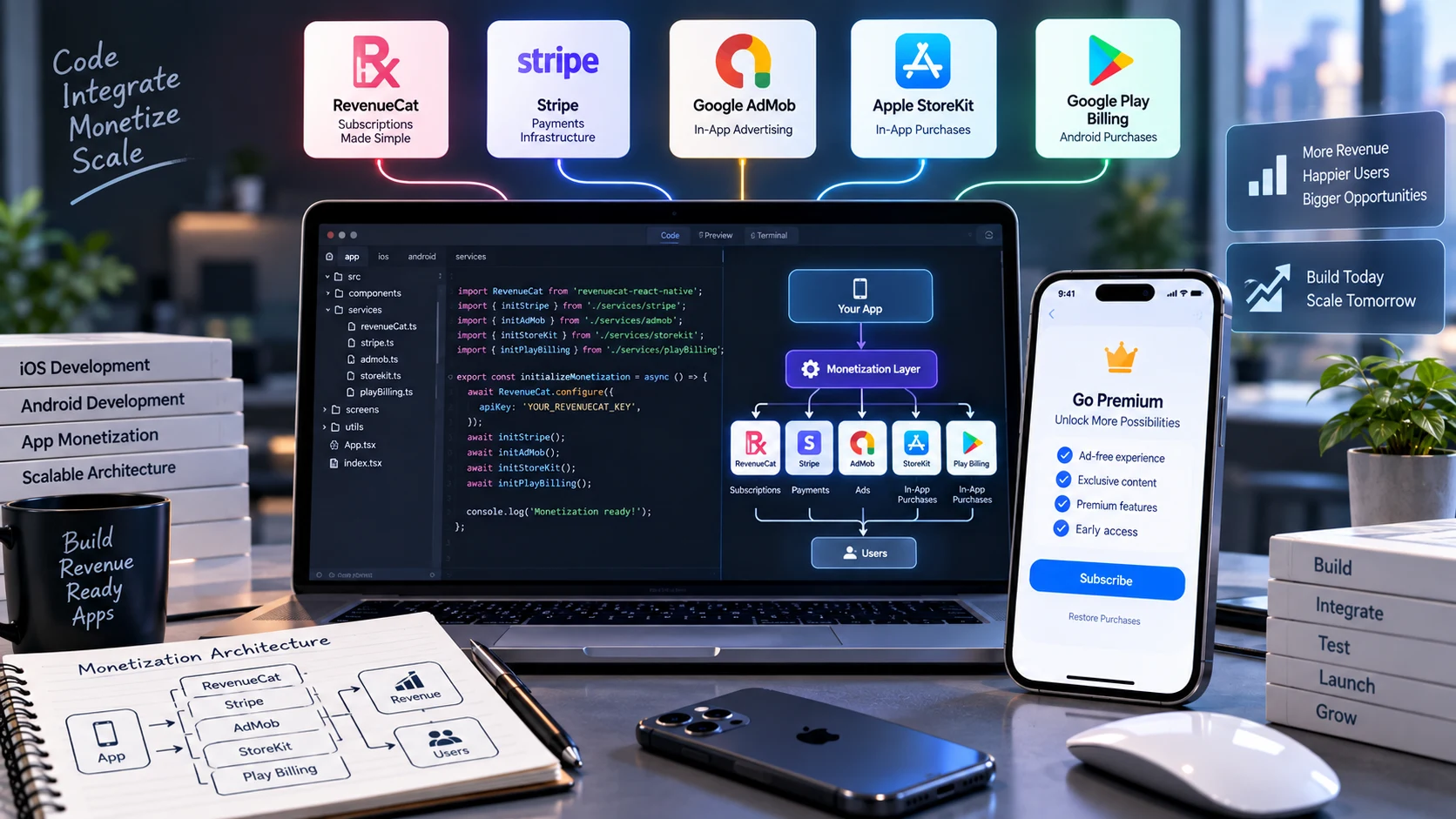 App monetization architecture: RevenueCat, StoreKit 2, Play Billing, AdMob and Stripe integration