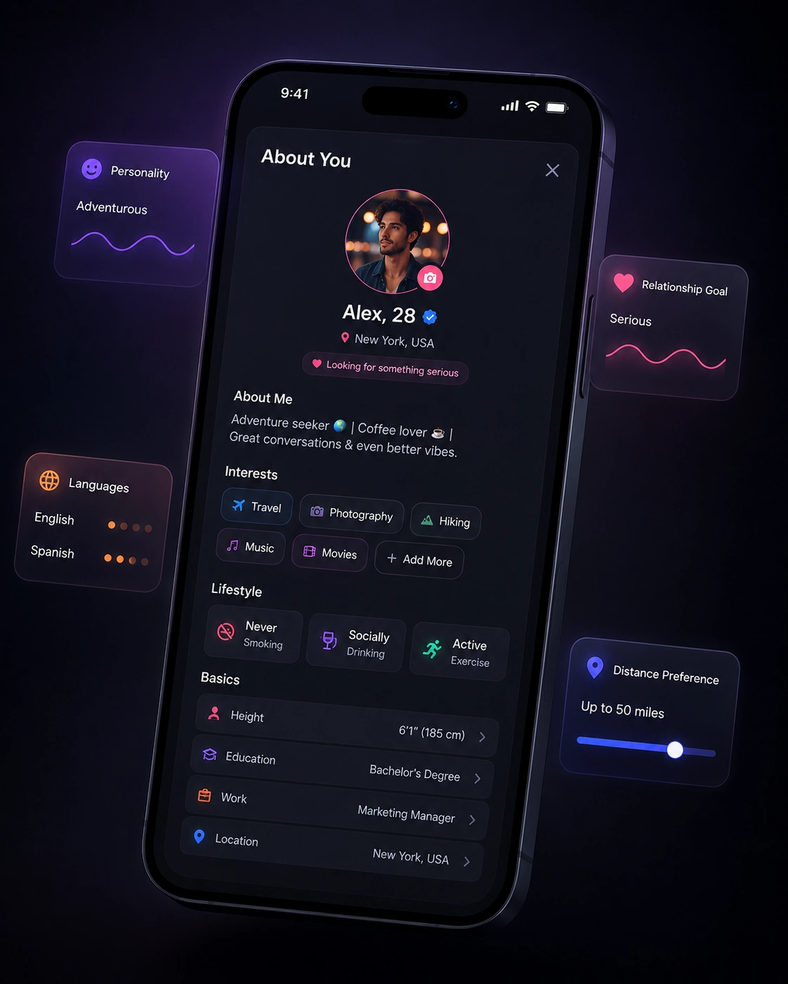 Dating app interface on a smartphone showing profiles and matches