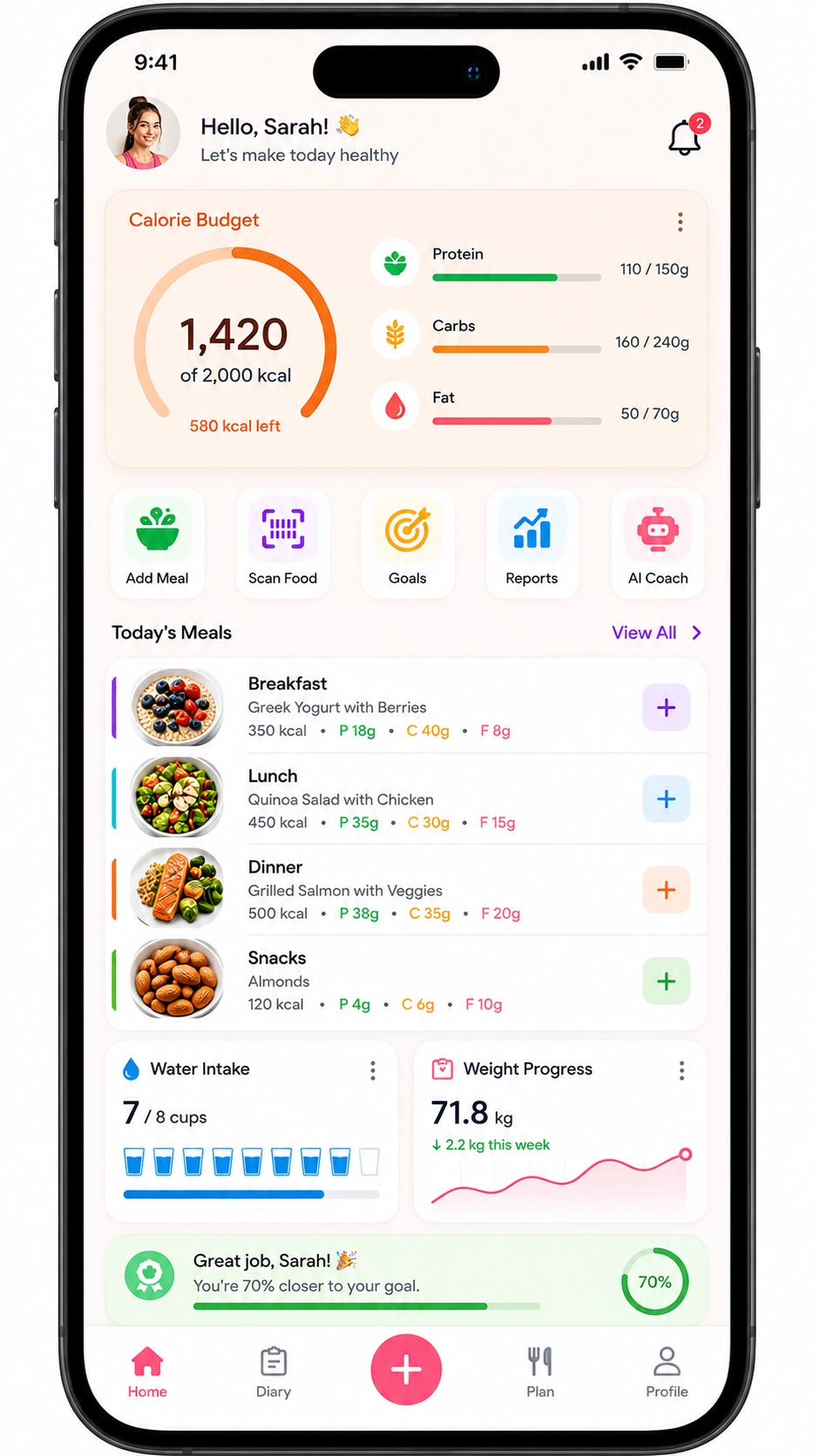 Diet and calorie tracking app interface on a smartphone showing a food log