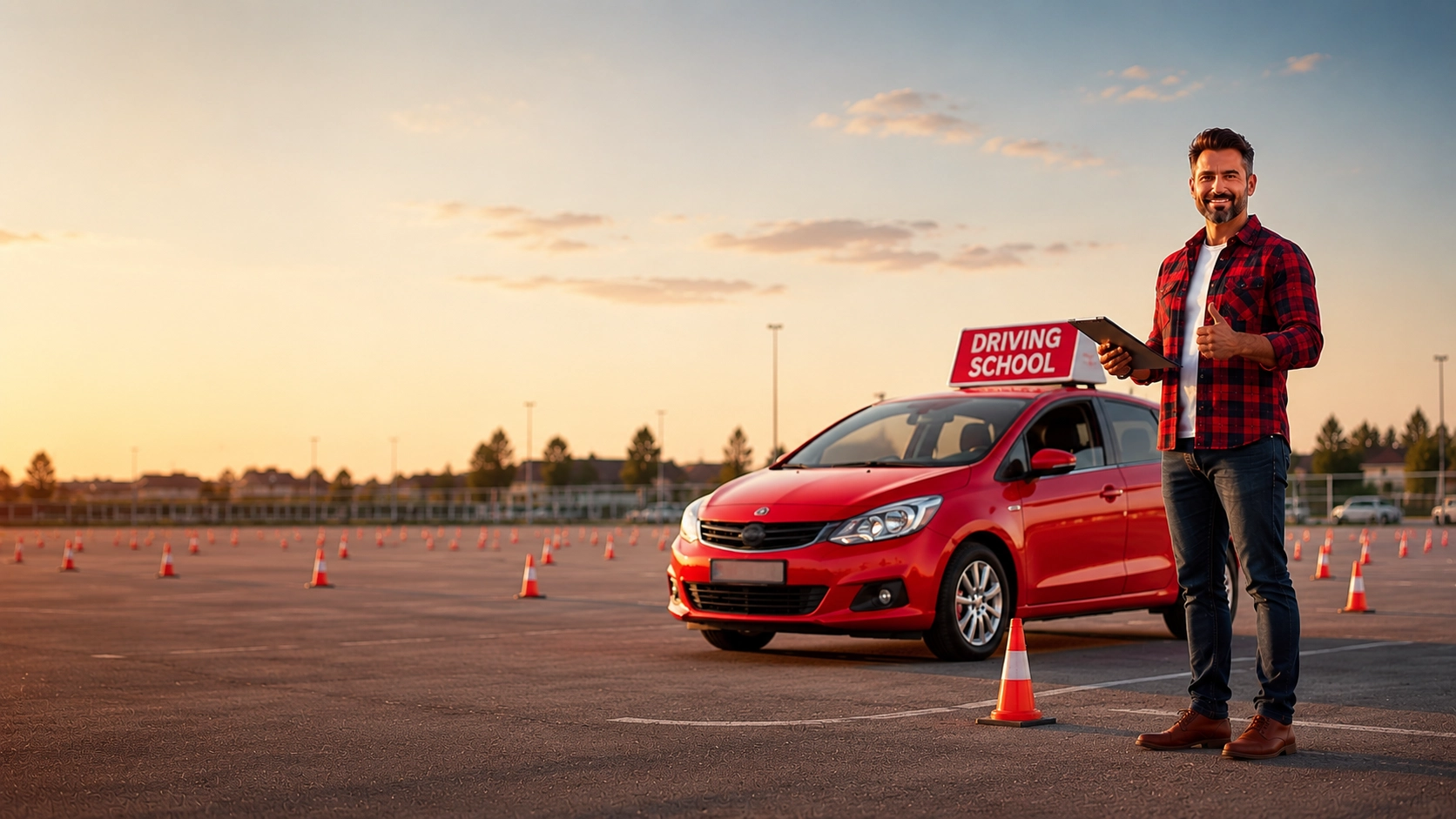 Driving instructor beside a driving-school car on a training lot