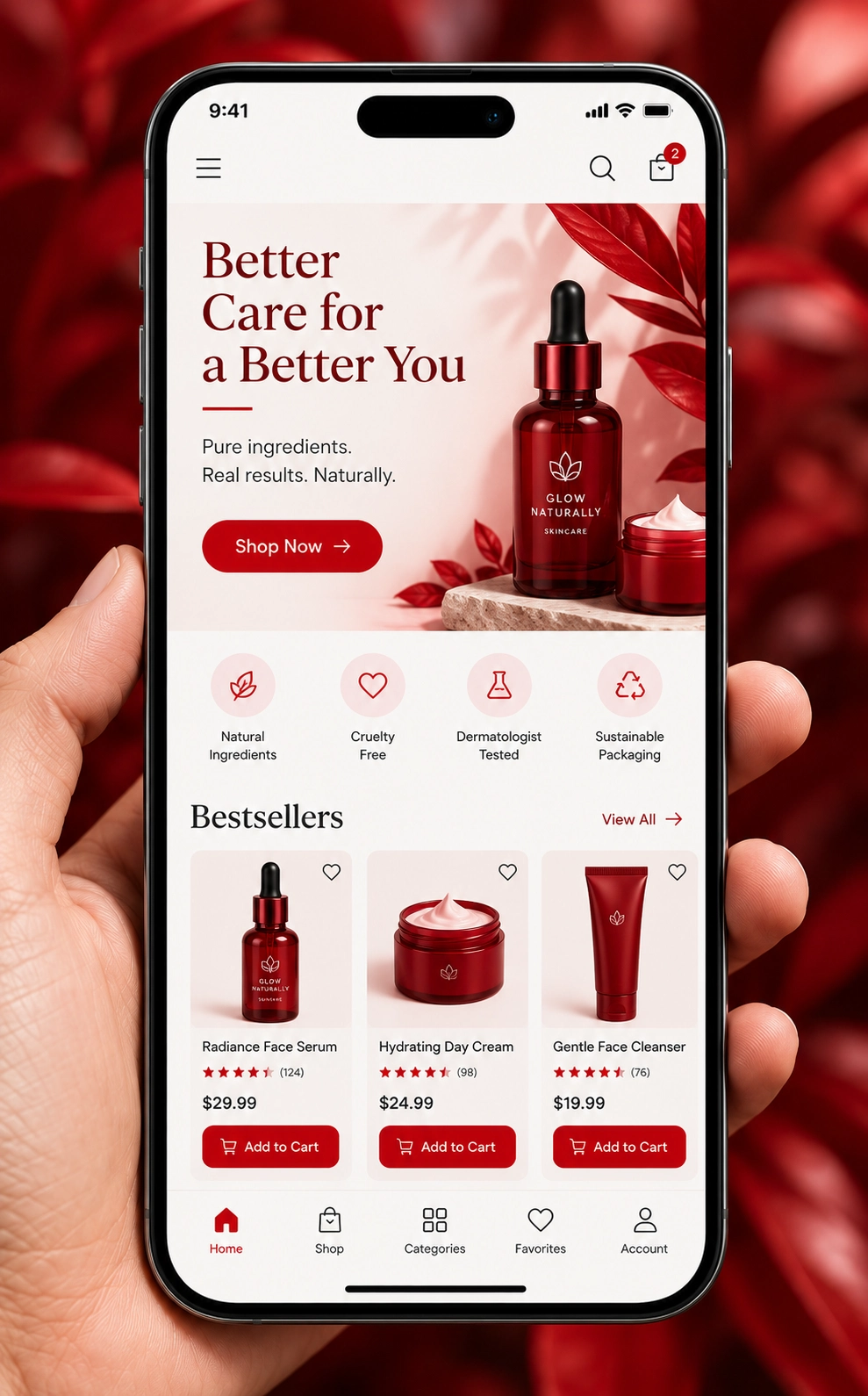 eCommerce app interface on a smartphone showing product catalog and checkout