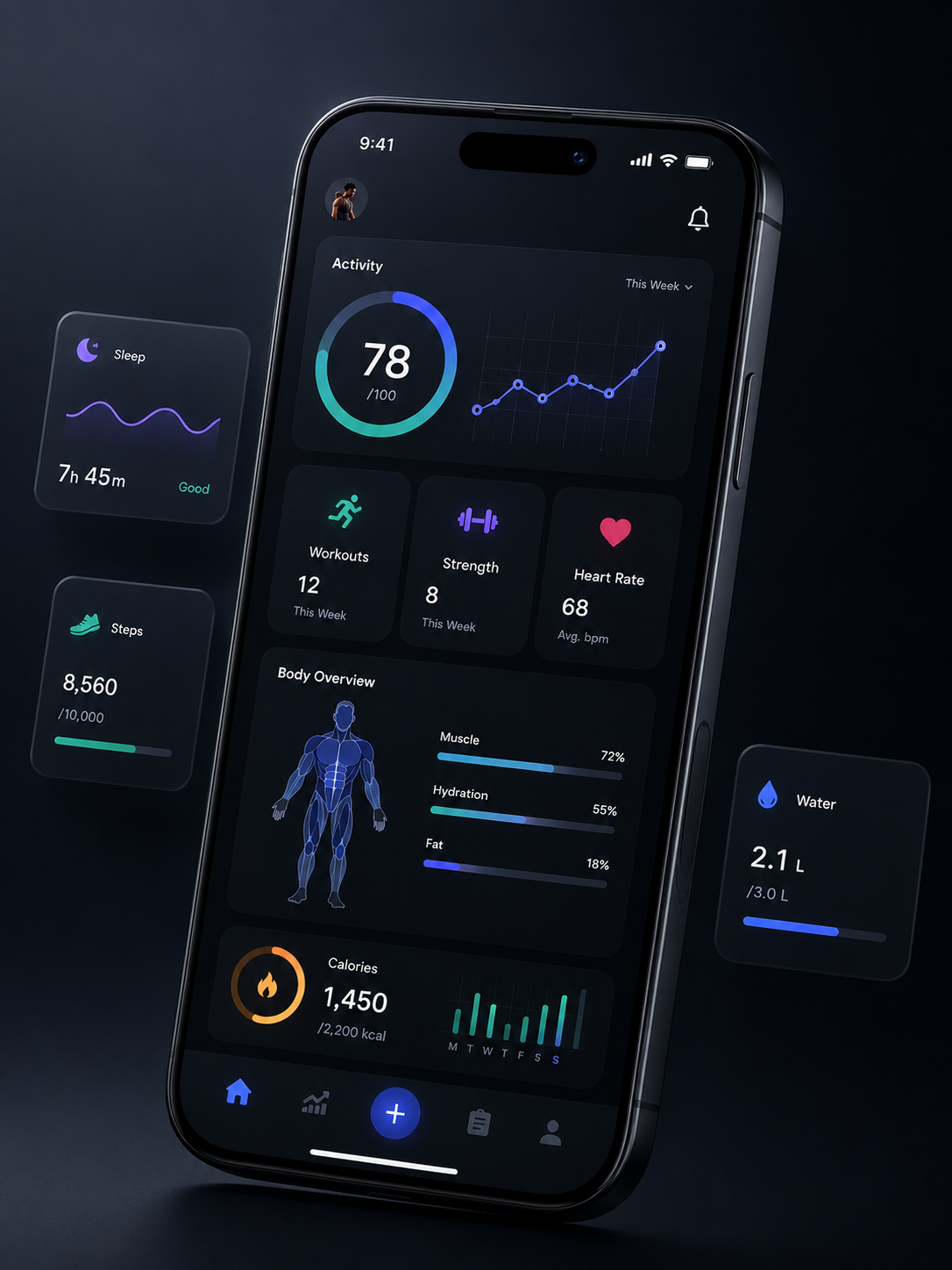 Fitness app interface on a smartphone beside an athlete stretching