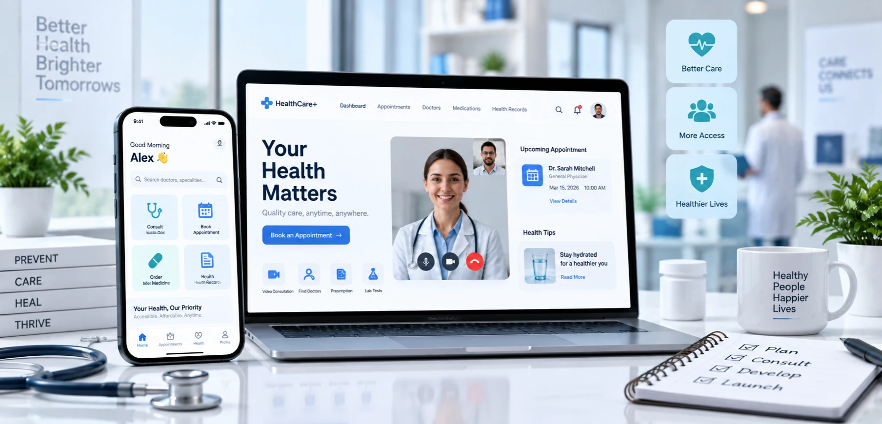 Healthcare mobile app development: a telehealth dashboard with a doctor video consultation and appointment booking on a laptop, and a patient app for consults, appointments, medicine orders, and health records on a phone