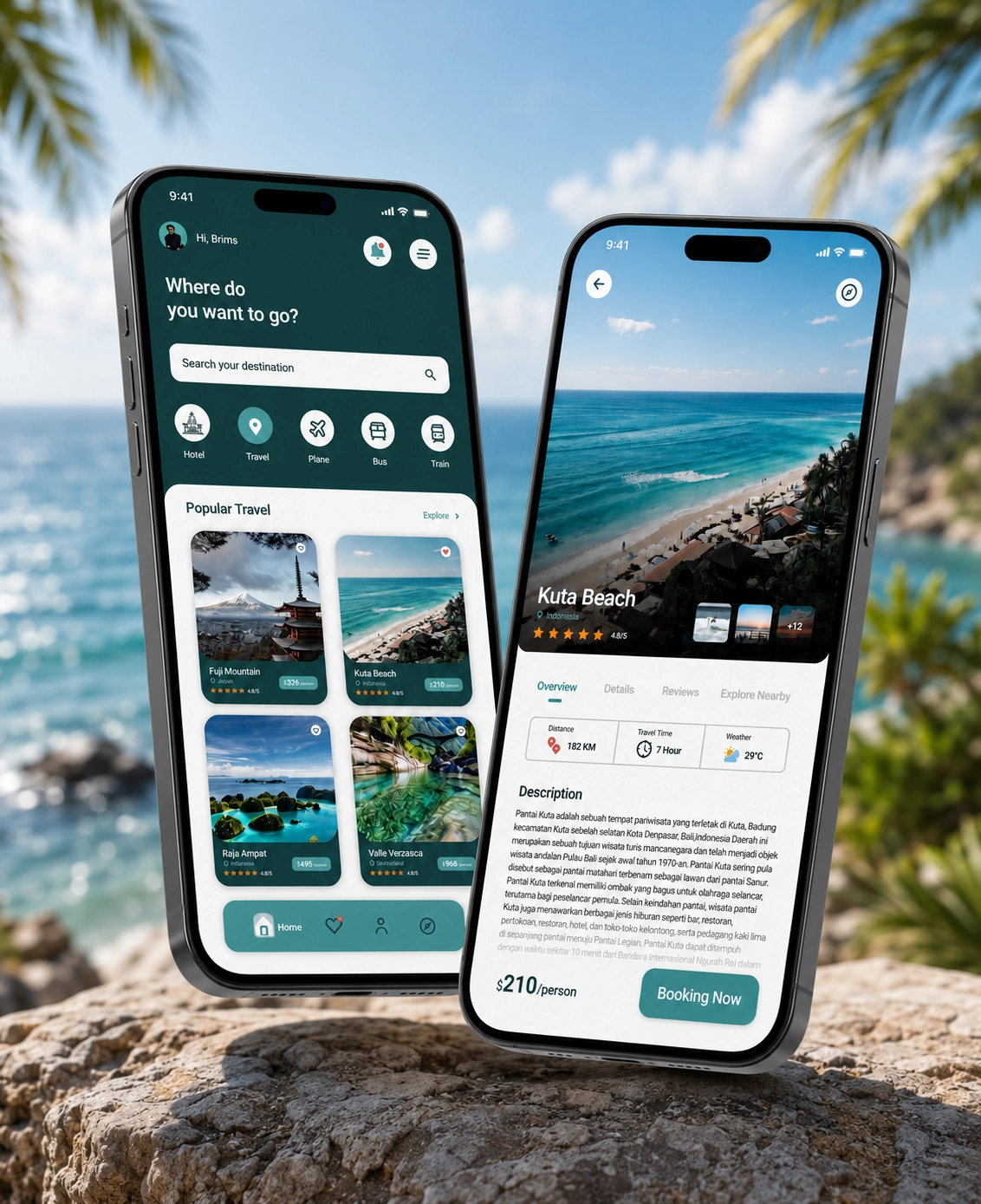 Travel planning app interface on a smartphone showing a trip itinerary