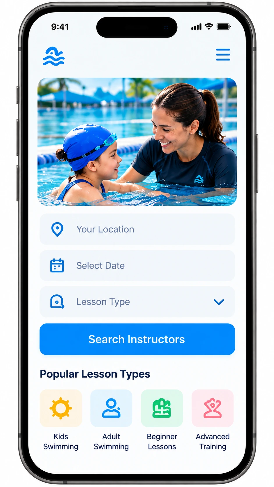 Honu learner app home screen with location, date and lesson type search, a Search Instructors button and popular lesson types