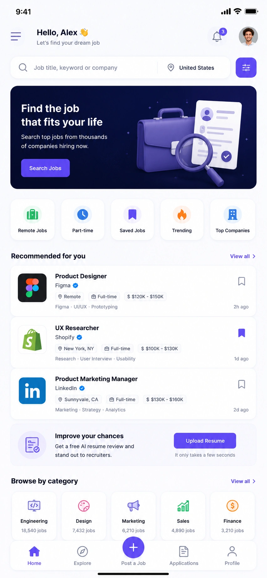 Recruitment app interface on a smartphone showing job search, candidate profiles, and AI matching