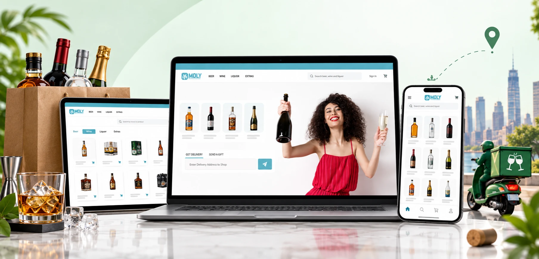 Liquor delivery app screens showing age verification, a product catalog, and live order tracking