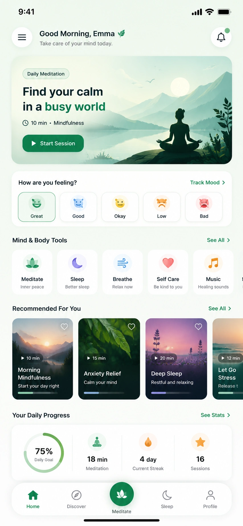 Mental health app interface on a smartphone showing guided meditation and mood tracking