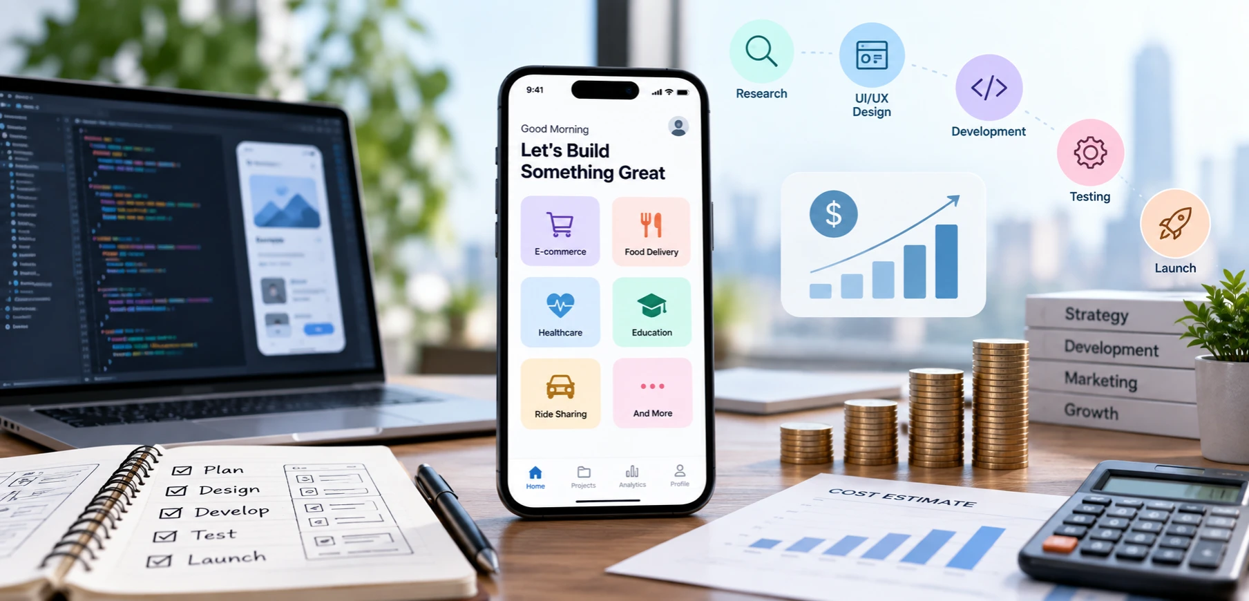Planning mobile app development cost: a phone showing app categories from e-commerce to healthcare, a build process from research through design, development and testing to launch, stacked coins, a cost estimate chart, and a calculator