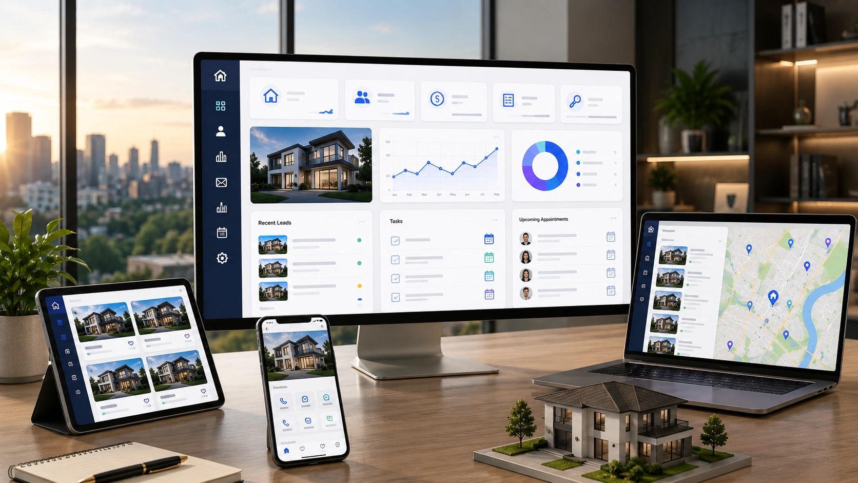 Real estate CRM software dashboard showing lead management, listings and transaction pipeline for US brokerages and agents