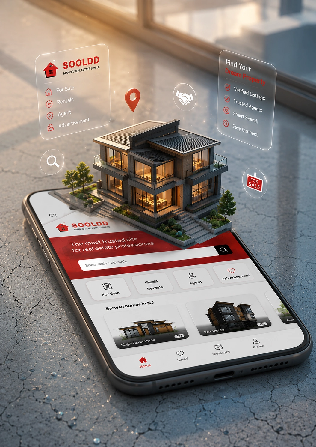 Real estate app interface on a smartphone showing property listings and a map