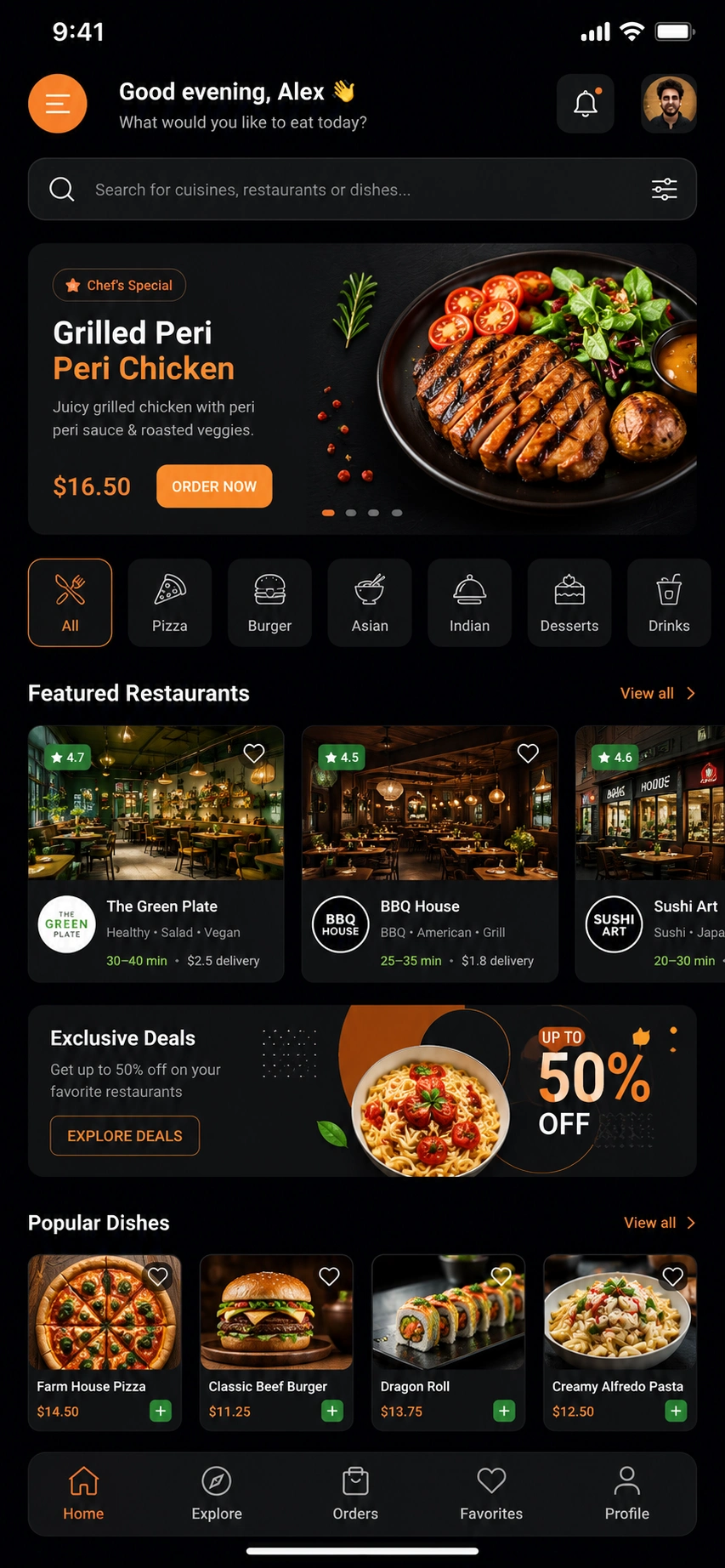 Restaurant app interface on a smartphone showing a digital menu and online ordering