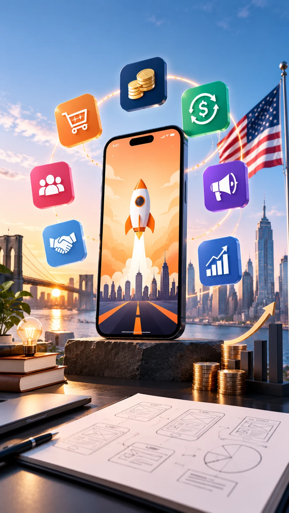 App monetization concept art: a smartphone launching a rocket, ringed by icons for in-app purchases, subscriptions, e-commerce, audience, partnerships, marketing and revenue growth, with stacks of coins and a rising chart against a New York skyline