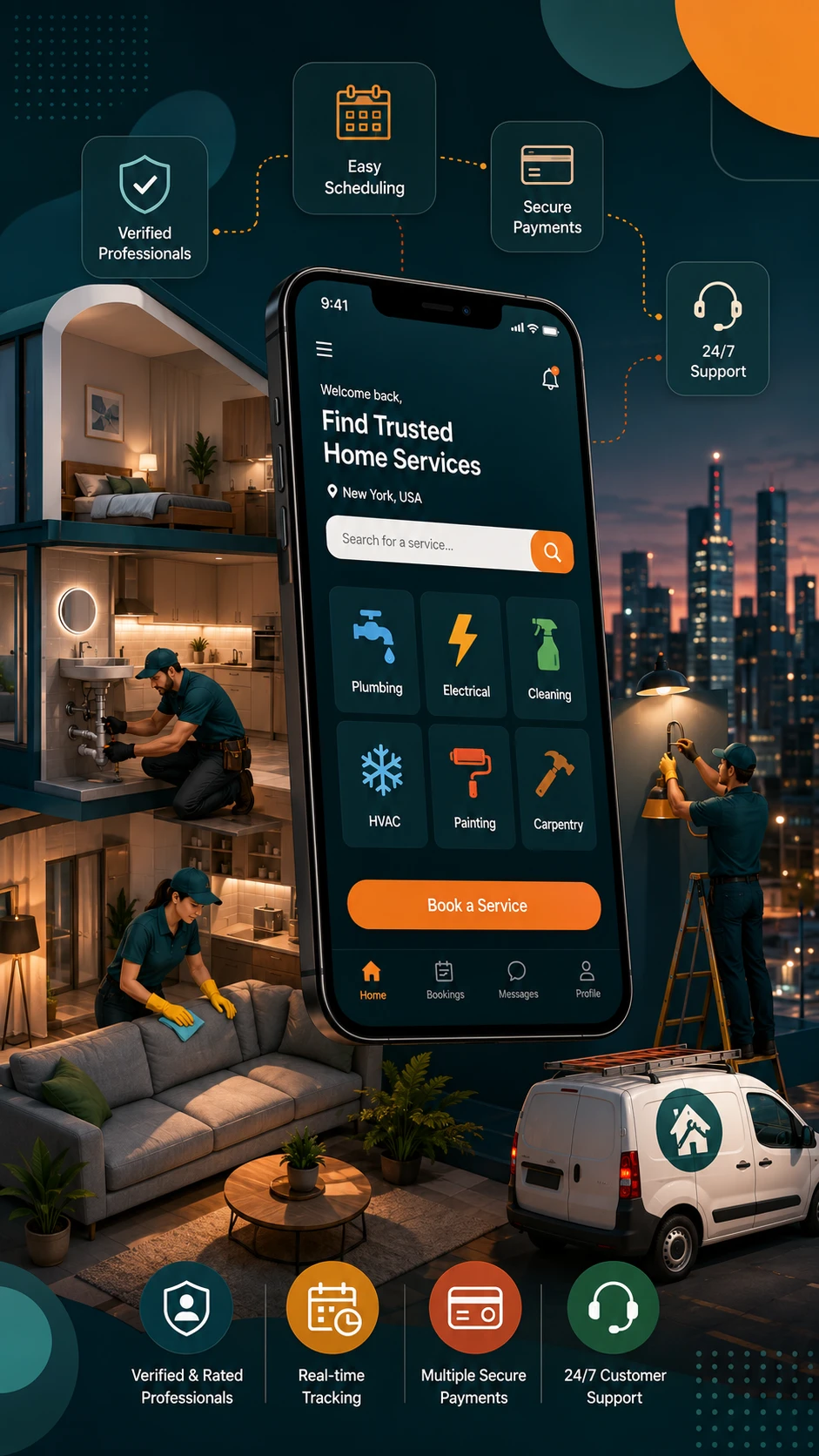 On-demand home services app interface on a smartphone showing service booking