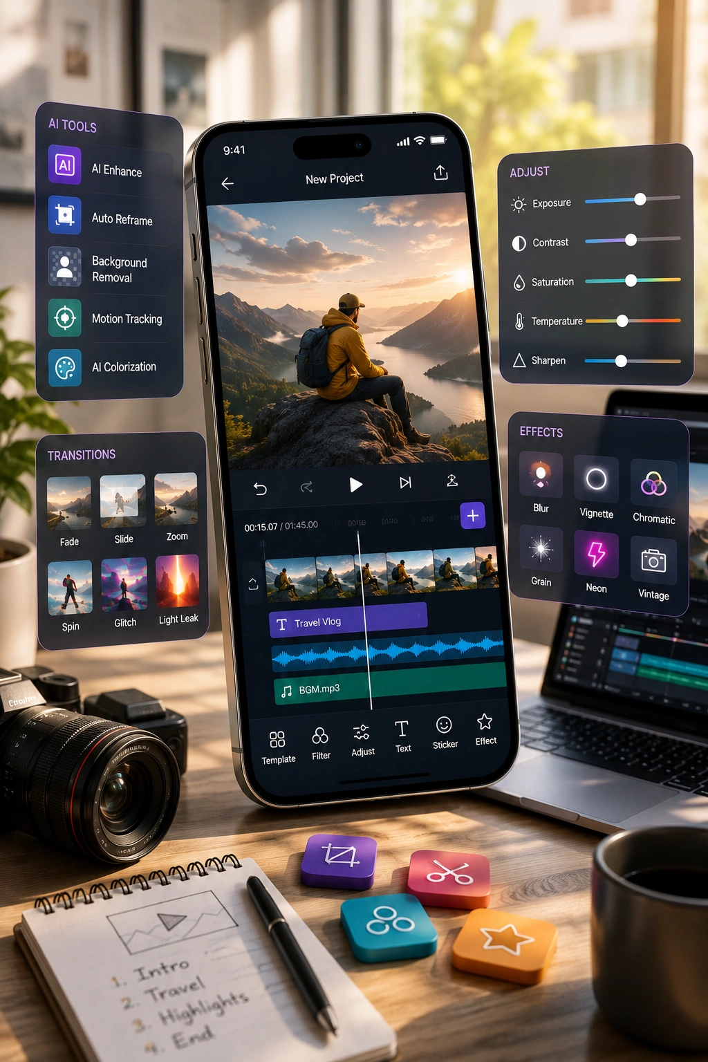Photo and video editing app interface on a smartphone showing a multi-track timeline and effects