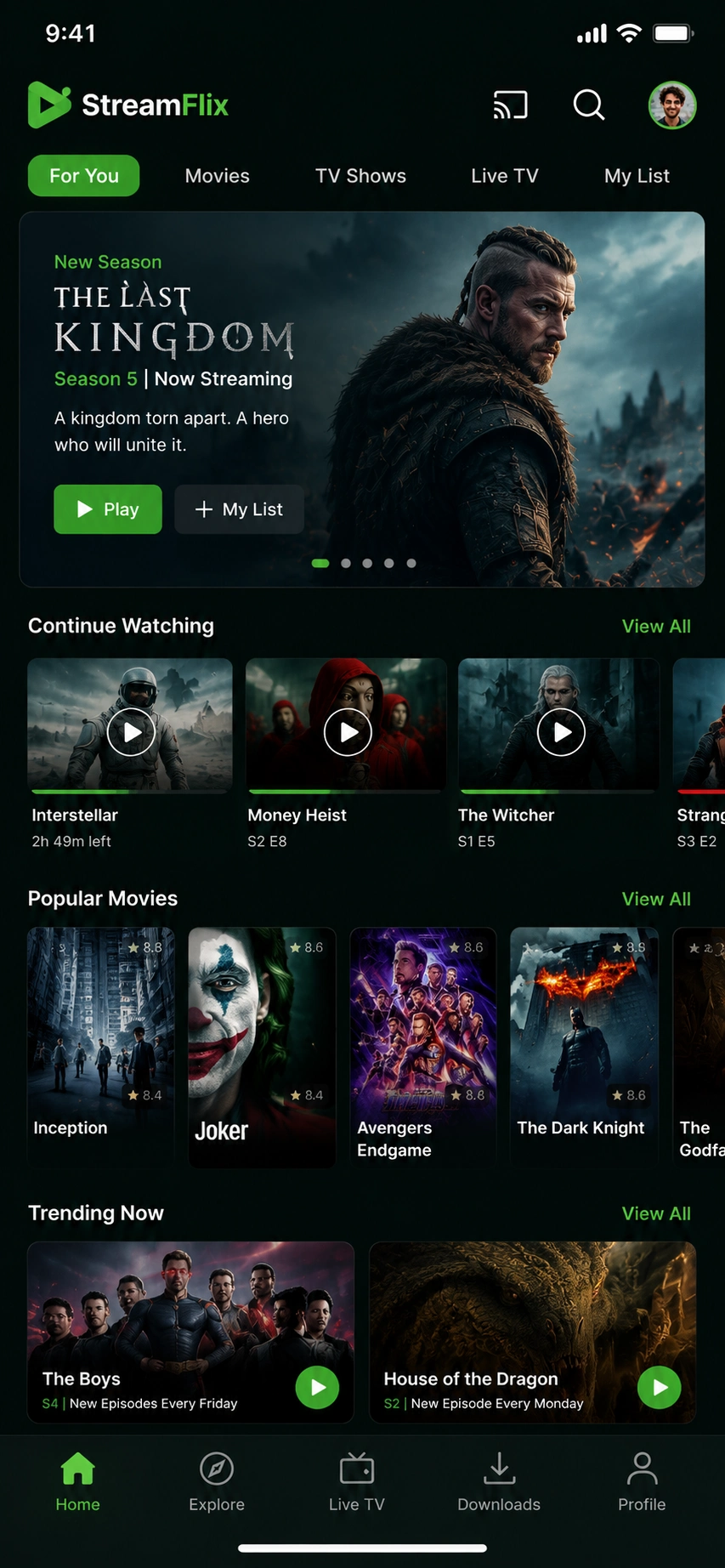 Video streaming app interface on a smartphone showing a content library