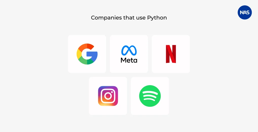 Top companies using Python including Google, Meta, Netflix, Instagram, and Spotify