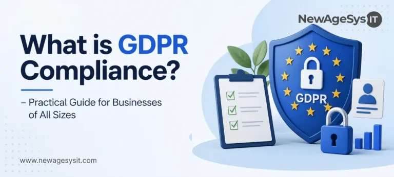 Banner for blog post "What is GDPR Compliance? Practical Guide for Businesses of All Sizes" featuring GDPR text and compliance themes including data protection, user consent, and privacy regulations for EU citizen data. NewAgeSysIT provides GDPR compliance solutions for websites, software, and business platforms.