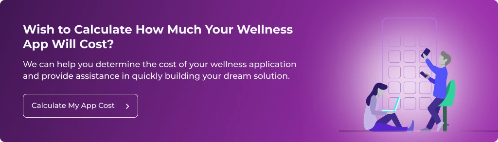 CTA image for calculating the cost of a wellness app, featuring users working on mobile and laptop devices.