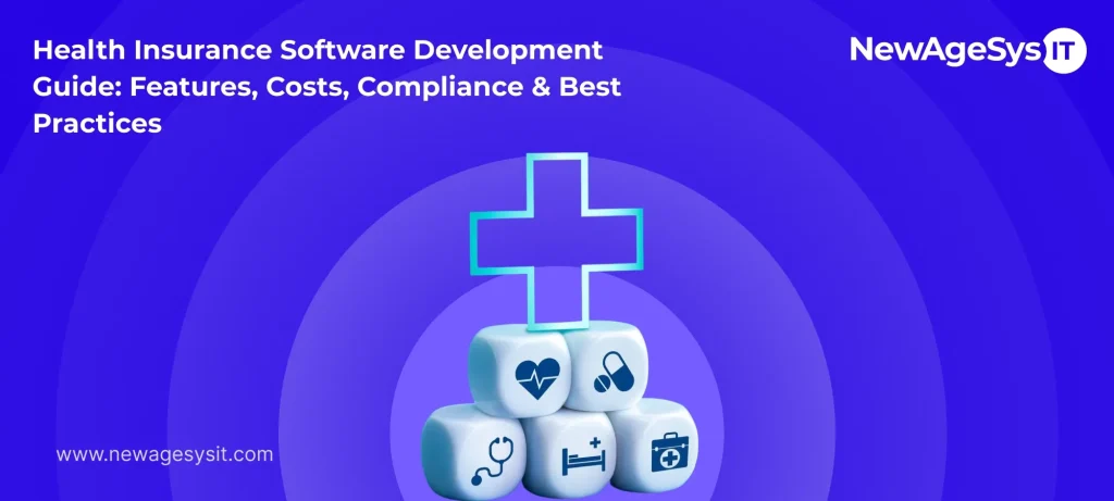 Health insurance software development guide with medical icons and compliance visuals on a blue background