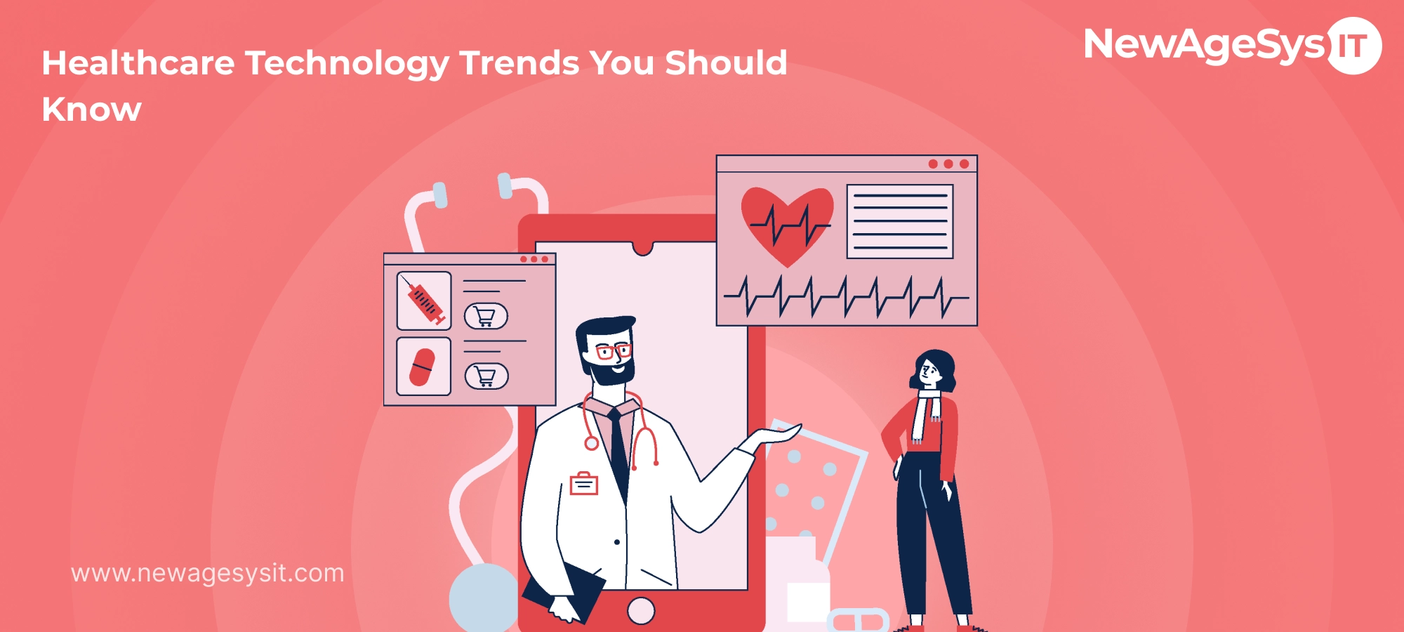 Future healthcare technology illustration featuring digital patient records, heart monitoring, telehealth, and smart care tools.