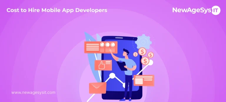 Visual representation of hiring mobile app developers with cost indicators and tech graphics