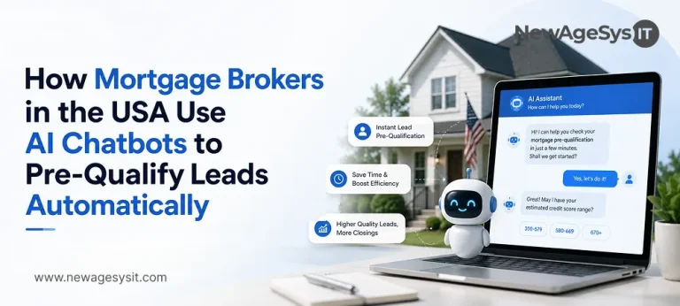 Banner for blog post "How Mortgage Brokers in the USA Use AI Chatbots to Pre-Qualify Leads Automatically" showing AI assistant interface with lead pre-qualification conversation flow including credit score range selection (300-579, 580-669, 670+). NewAgeSysIT provides AI chatbot solutions for mortgage lead generation and automation.
