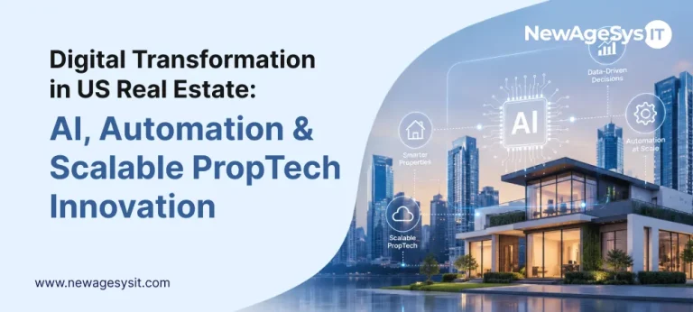 Real estate digital transformation banner with modern home, AI chip, city skyline, and PropTech icons