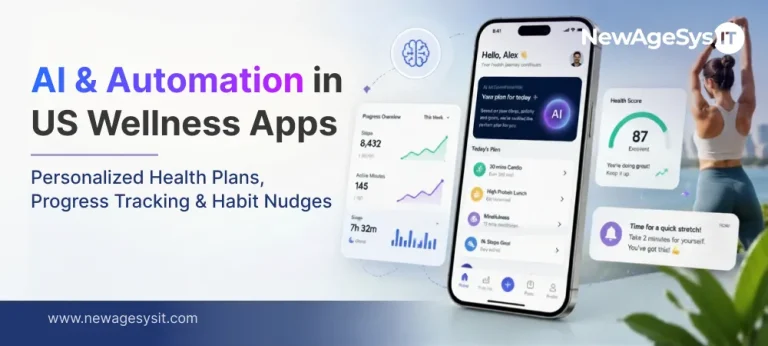 AI-powered wellness app on smartphone showing personalized health plan progress tracking and habit nudges with health score dashboard and woman stretching in background