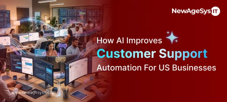 US customer support team using AI-powered dashboards and chat automation tools on multiple monitors in a modern office