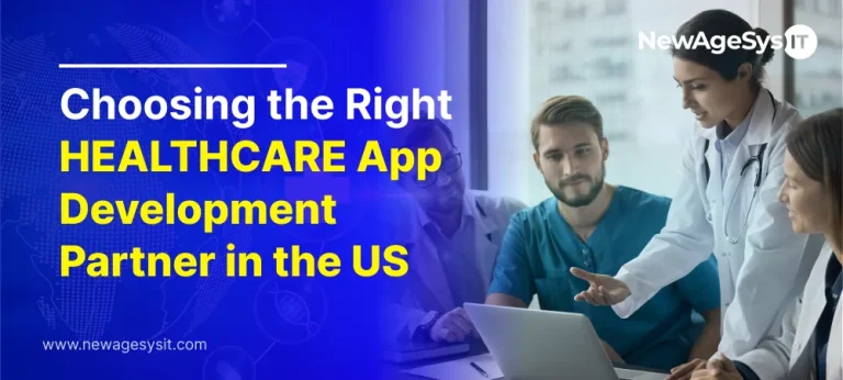 Healthcare team with doctor in white coat and clinical staff reviewing healthtech app development options on laptop in a US medical setting