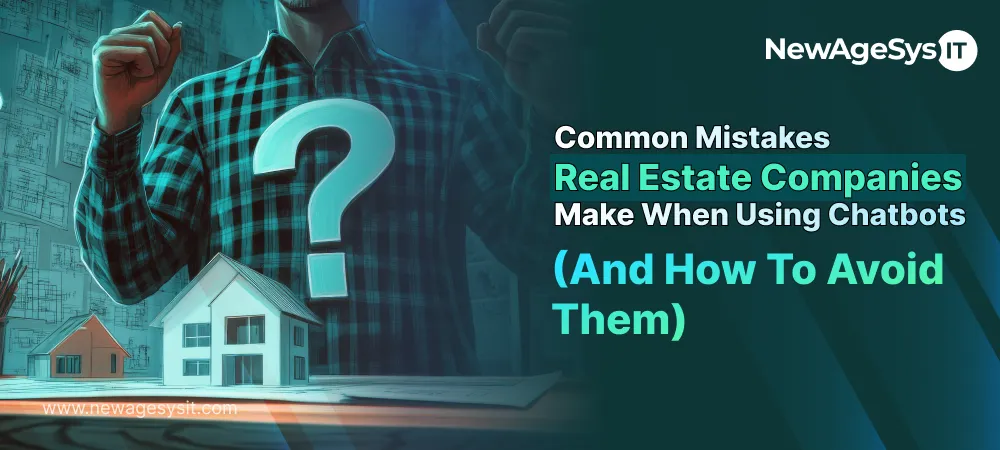 Real estate professional with question mark and house model representing common chatbot mistakes in property businesses