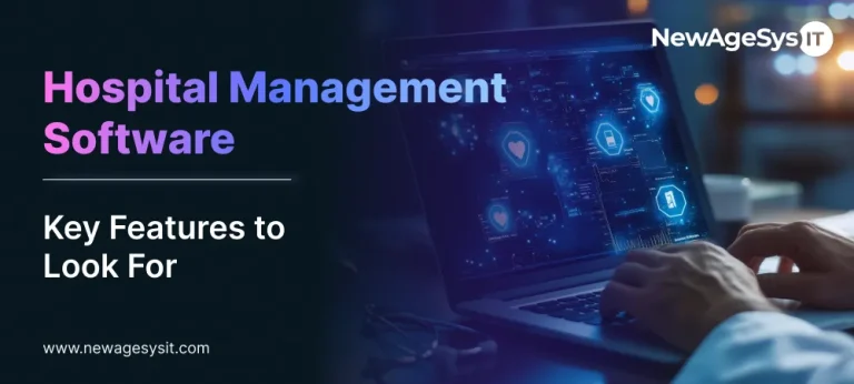 Hospital management software dashboard on laptop with glowing medical icons and healthcare data