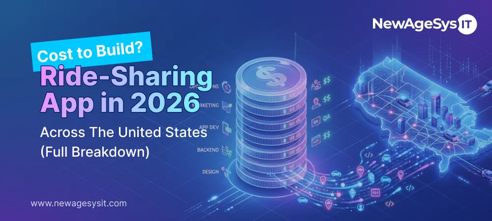 Cost to build a ride sharing app in the USA showing stacked coins with development cost breakdown layers and digital US city map with transportation icons