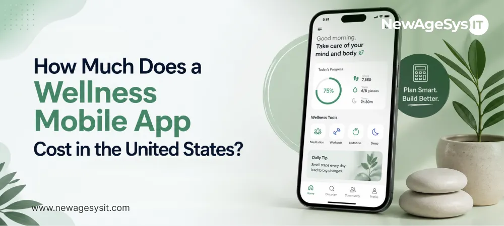 Wellness mobile app on smartphone showing progress tracking meditation workouts nutrition and sleep tools with stones and plants in background