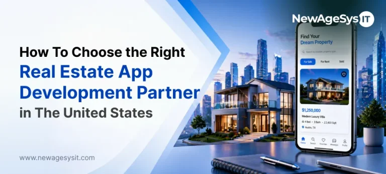 Real estate app development partner evaluation showing property search mobile app with luxury villa listing at 1.25 million dollars against a modern US city skyline and residential property
