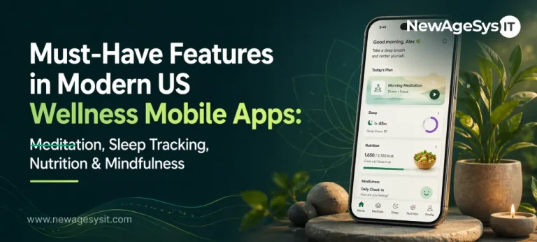 US wellness mobile app showing meditation sleep tracking nutrition and mindfulness features on smartphone with stones plants and candle in natural background