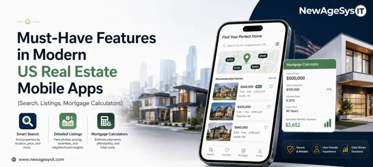 Banner showing a modern US real estate mobile app with property search map, home listings, and a mortgage calculator interface, alongside residential homes and a city skyline, with NewAgeSysIT branding.